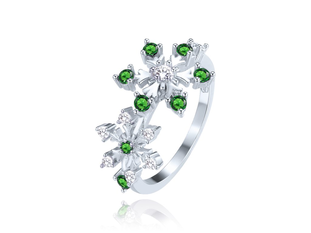 MINET Stříbrný prsten sněhová vločka s bílými a zelenými zirkony vel. 51 (Velikost prstenu 51)