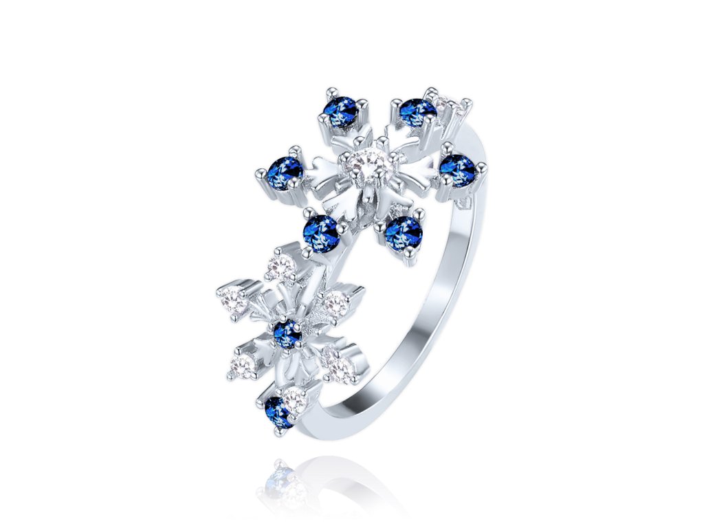 MINET Stříbrný prsten sněhová vločka s bílými a modrými zirkony vel. 51 (Velikost prstenu 51)