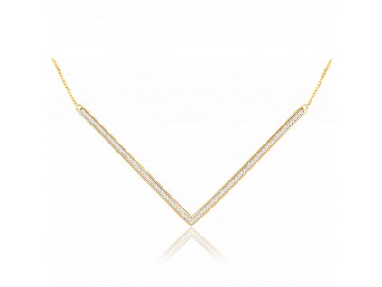 MINET Pozlacený stylový stříbrný náhrdelník "V" s bílými zirkony