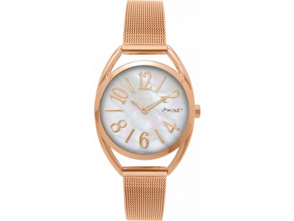 MINET Růžové dámské hodinky s čísly ICON ROSE GOLD PEARL MESH