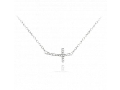MINET Stříbrný náhrdelník drobný ležatý křížek se zirkony