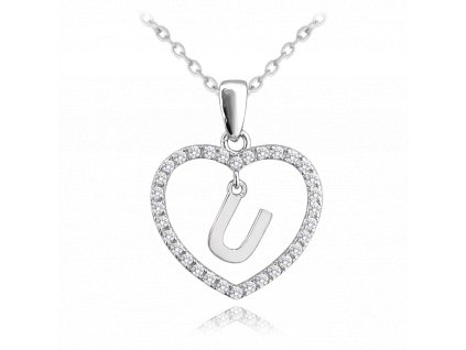 MINET Stříbrný náhrdelník písmeno v srdíčku "U" se zirkony