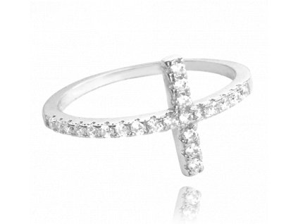 MINET Stříbrný prsten KŘÍŽEK s bílými zirkony (Velikost prstenu 50)