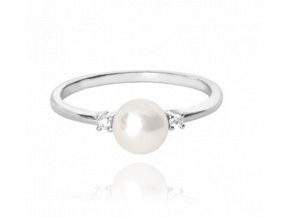 MINET Stříbrný prsten s perlou a bílými zirkony (Velikost prstenu 50)