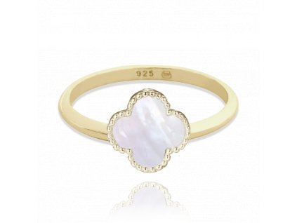 MINET Pozlacený stříbrný prsten čtyřlístek s bílou perletí vel. 56
