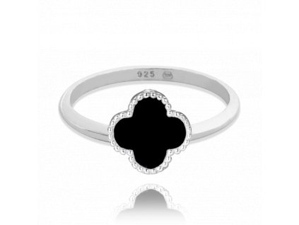 MINET Stříbrný prsten čtyřlístek s onyxem vel. 52