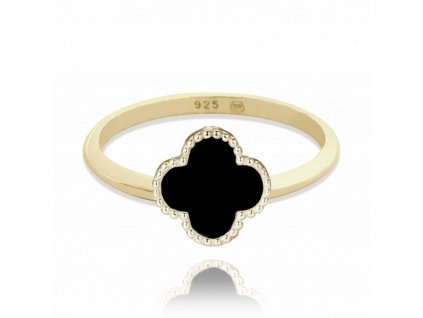 MINET Pozlacený stříbrný prsten čtyřlístek s onyxem vel. 54