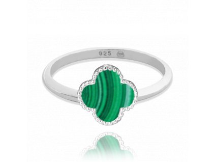MINET Stříbrný prsten čtyřlístek se zeleným malachitem vel. 56