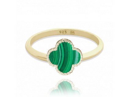 MINET Pozlacený stříbrný prsten čtyřlístek se zeleným malachitem vel. 54