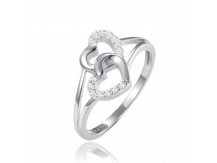 MINET Stříbrný prsten dvě srdce s bílými zirkony vel. 56