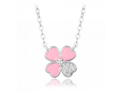MINET Stříbrný náhrdelník růžová kytička s bílým zirkonem