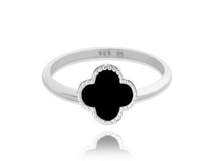 MINET Stříbrný prsten čtyřlístek s onyxem vel. 58
