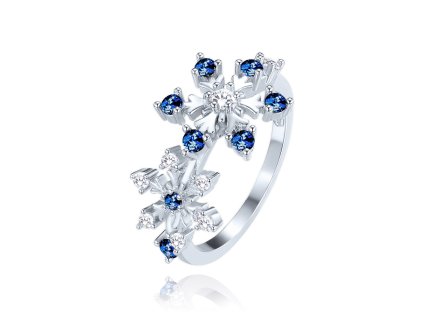 MINET Stříbrný prsten sněhová vločka s bílými a modrými zirkony vel. 59 (Velikost prstenu 59)