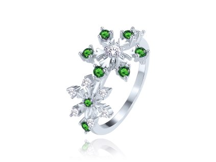 MINET Stříbrný prsten sněhová vločka s bílými a zelenými zirkony vel. 55 (Velikost prstenu 55)