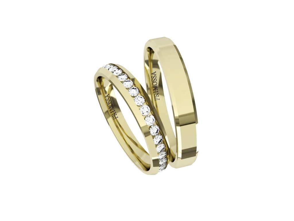 Elegantní snubní prsteny se zirkony a s reliéfem Primossa, žluté zlato - vzor č. 306 Dámský prsten: 62 mm, Pánský prsten: 55mm