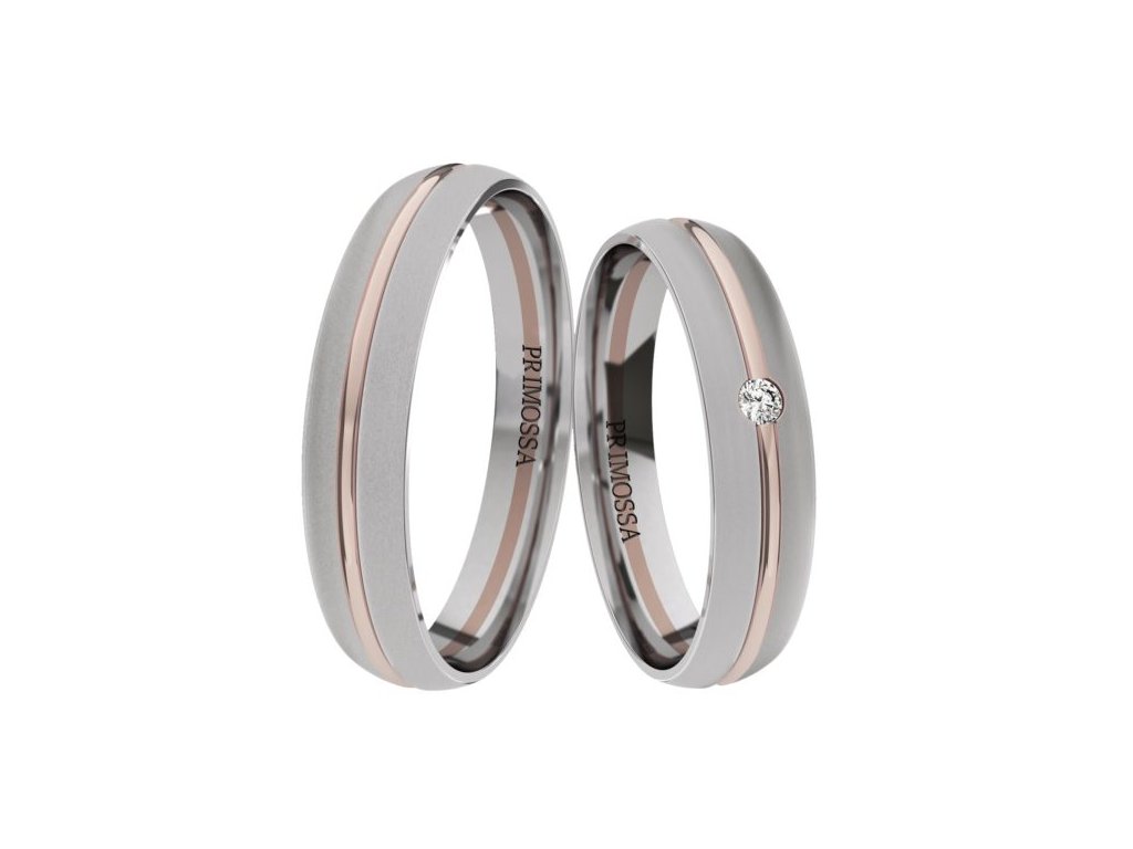 Komfortní snubní prsteny s drážkou Primossa, bílé a růžové zlato - vzor č. 1115 Dámský prsten: 45 mm, Pánský prsten: 53mm