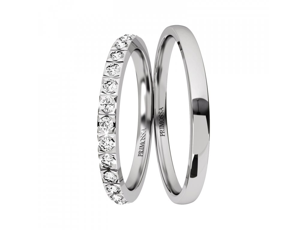 Minimalistické snubní prsteny se zirkony Primossa, bílé zlato - vzor č. 1177 Dámský prsten: 65 mm, Pánský prsten: 63mm