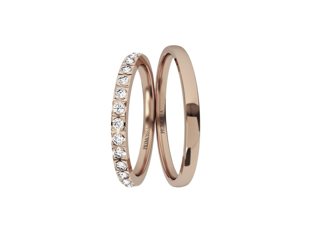 Minimalistické snubní prsteny se zirkony Primossa, růžové zlato - vzor č. 1177 Dámský prsten: 48 mm, Pánský prsten: 75mm