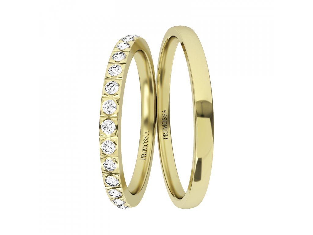 Minimalistické snubní prsteny se zirkony Primossa, žluté zlato - vzor č. 1177 Dámský prsten: 61 mm, Pánský prsten: 68mm