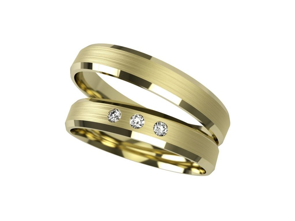 Pánský matný snubní prsten a dámský se třemi zirkony Primossa, žluté zlato - vzor č. 1151 Dámský prsten: 53 mm, Pánský prsten: 56mm