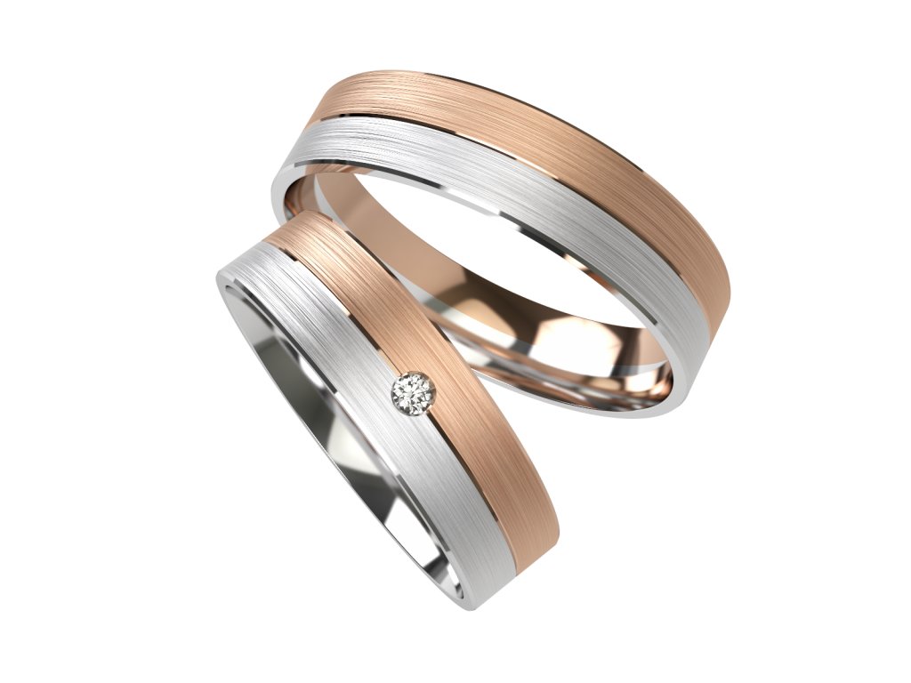 Ploché snubní prsteny s matným povrchem a drážkou Primossa, růžové a bílé zlato - vzor č. 1113 Dámský prsten: 49 mm, Pánský prsten: 54mm