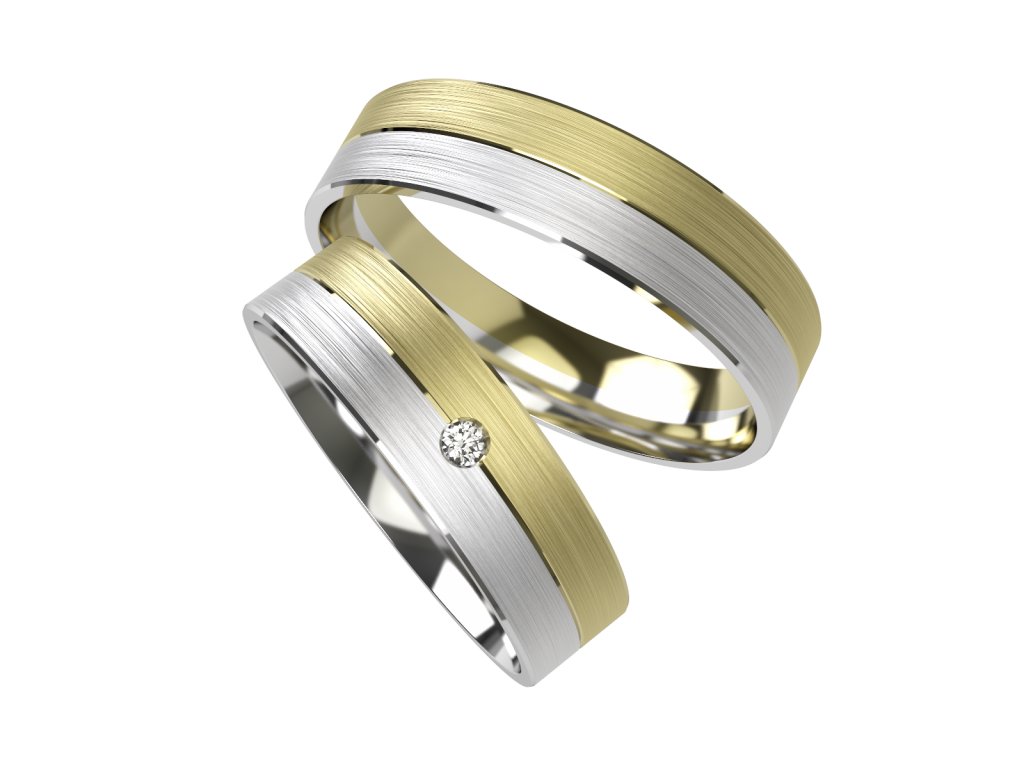 Ploché snubní prsteny s matným povrchem a drážkou Primossa, žluté a bílé zlato - vzor č. 1113 Dámský prsten: 49 mm, Pánský prsten: 53mm