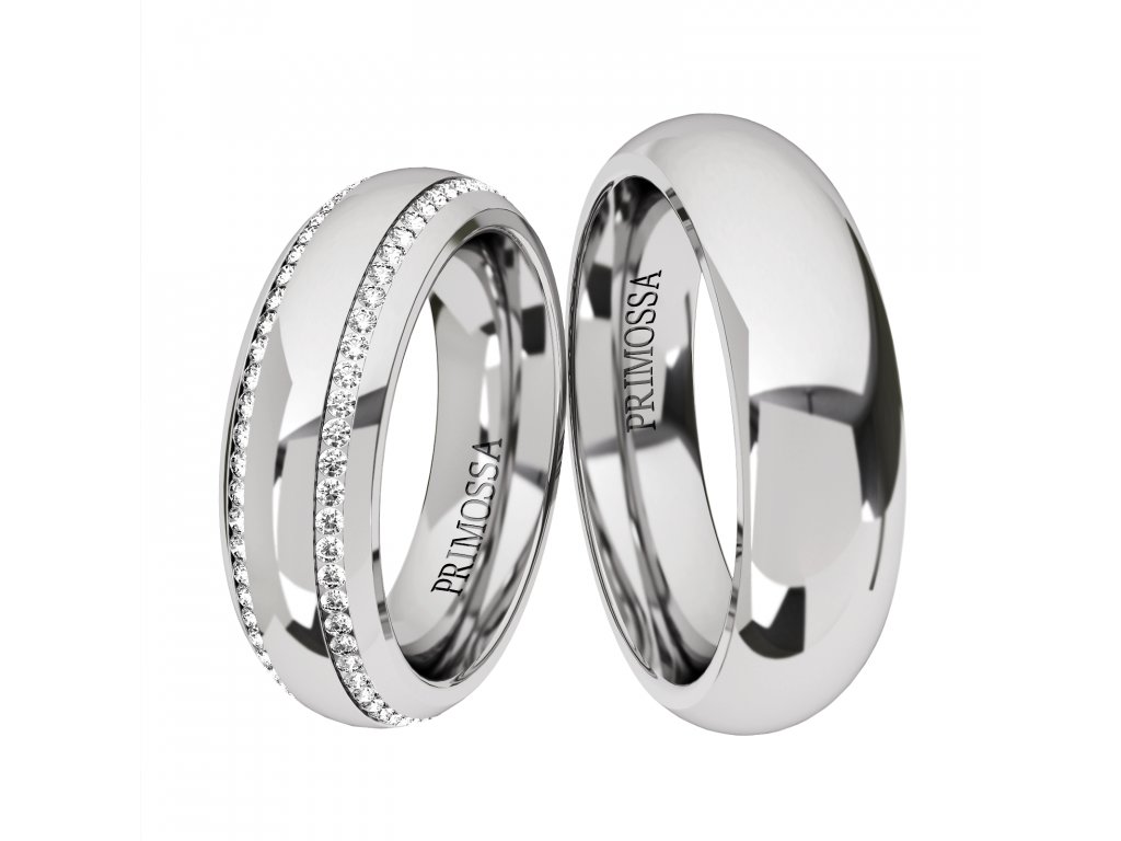 Půlkulaté snubní prsteny se zirkony Primossa, bílé zlato - vzor č. 1172 Dámský prsten: 46 mm, Pánský prsten: 75mm
