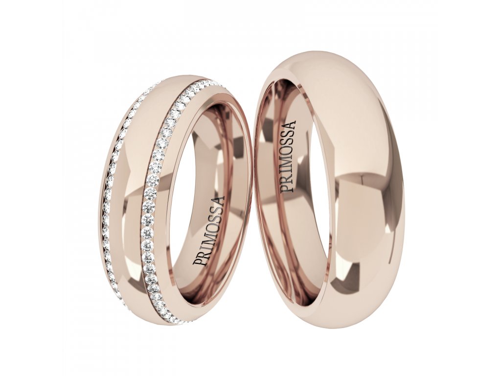 Půlkulaté snubní prsteny se zirkony Primossa, růžové zlato - vzor č. 1172 Dámský prsten: 56 mm, Pánský prsten: 66mm