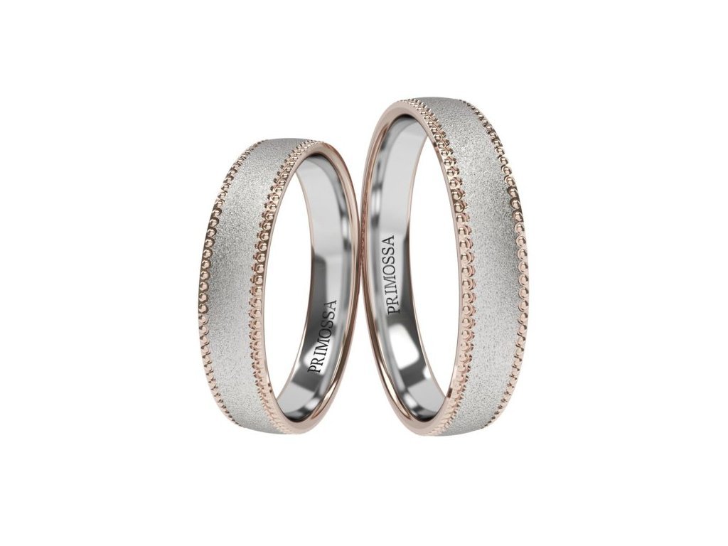 Snubní prsteny s pískováním a zdobným okrajem Primossa, bílé a růžové zlato - vzor č. 1181 Dámský prsten: 59 mm, Pánský prsten: 66mm