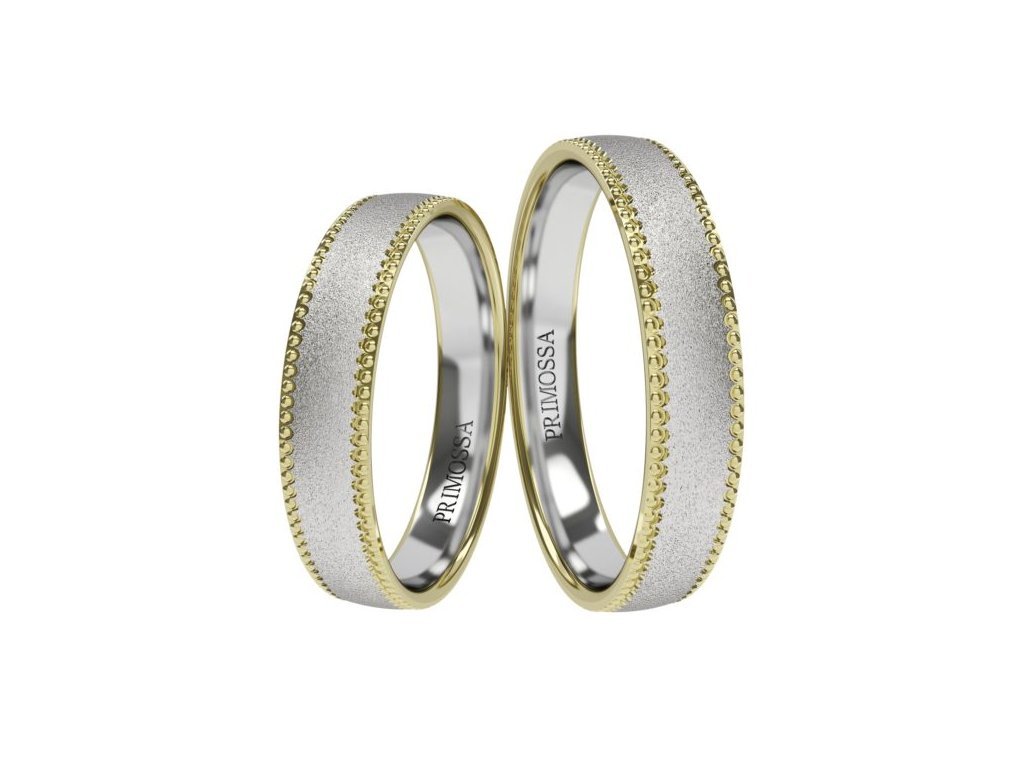 Snubní prsteny s pískováním a zdobným okrajem Primossa, bílé a žluté zlato - vzor č. 1181 Dámský prsten: 59 mm, Pánský prsten: 53mm