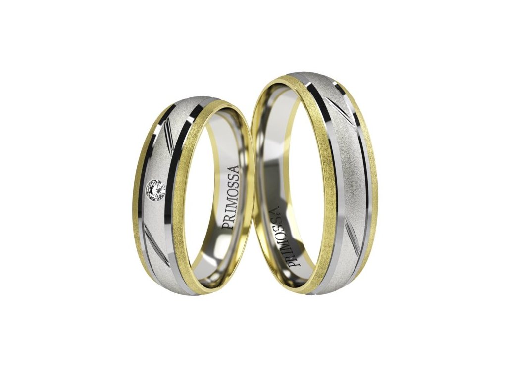 Snubní prsteny s pískovaným povrchem a zirkonem Primossa, bílé a žluté zlato - vzor č. 823 Dámský prsten: 59 mm, Pánský prsten: 53mm