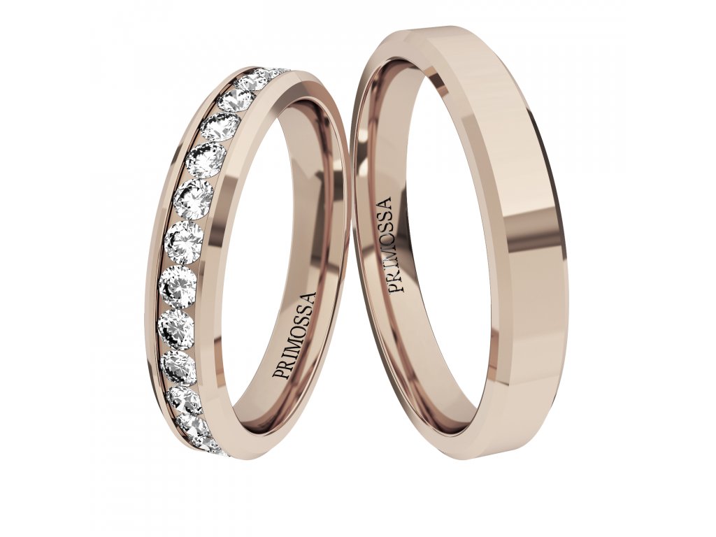 Snubní prsteny se zirkony a zkosenými hranami Primossa, růžové zlato - vzor č. 305 Dámský prsten: 56 mm, Pánský prsten: 53mm
