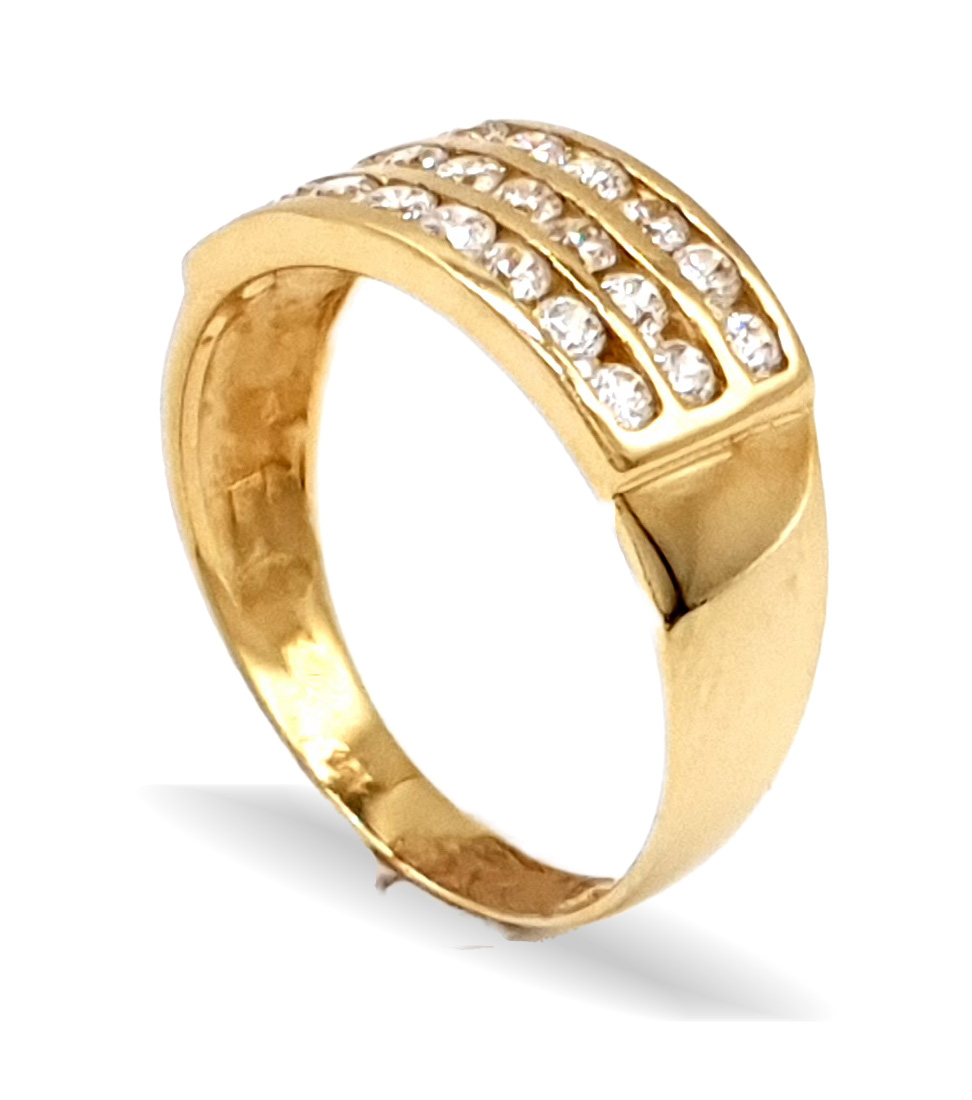 Masivný zlatý prsten zdobený řady zirkonů