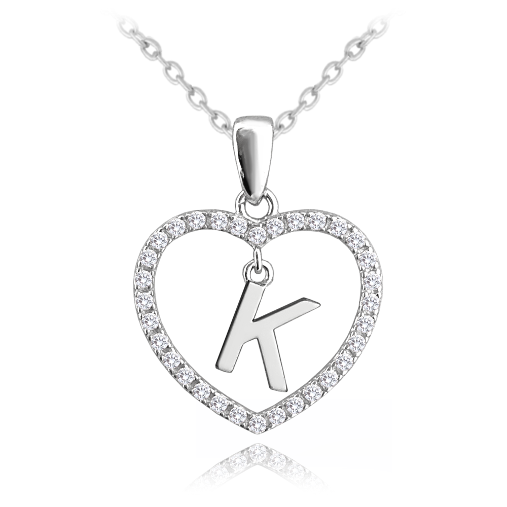 MINET Stříbrný náhrdelník písmeno v srdíčku "K" se zirkony