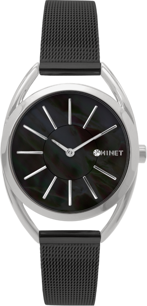 MINET Stříbrno-černé dámské hodinky ICON BLACK PEARL MESH