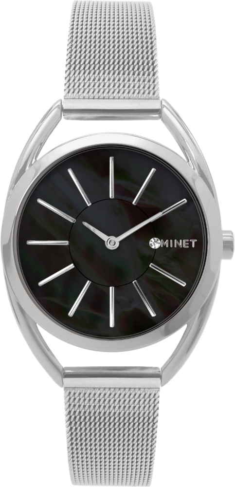 MINET Stříbrno-černé dámské hodinky ICON BLACK PEARL MESH