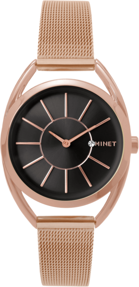 MINET Růžovo-černé dámské hodinky ICON ROSE GOLD BLACK MESH