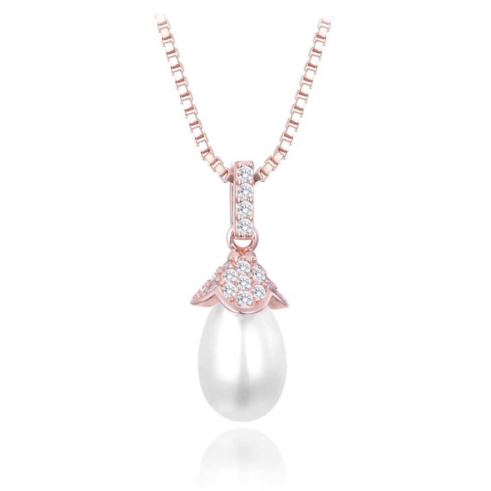 MINET Rose gold stříbrný náhrdelník s přírodními perlami a zirkonem