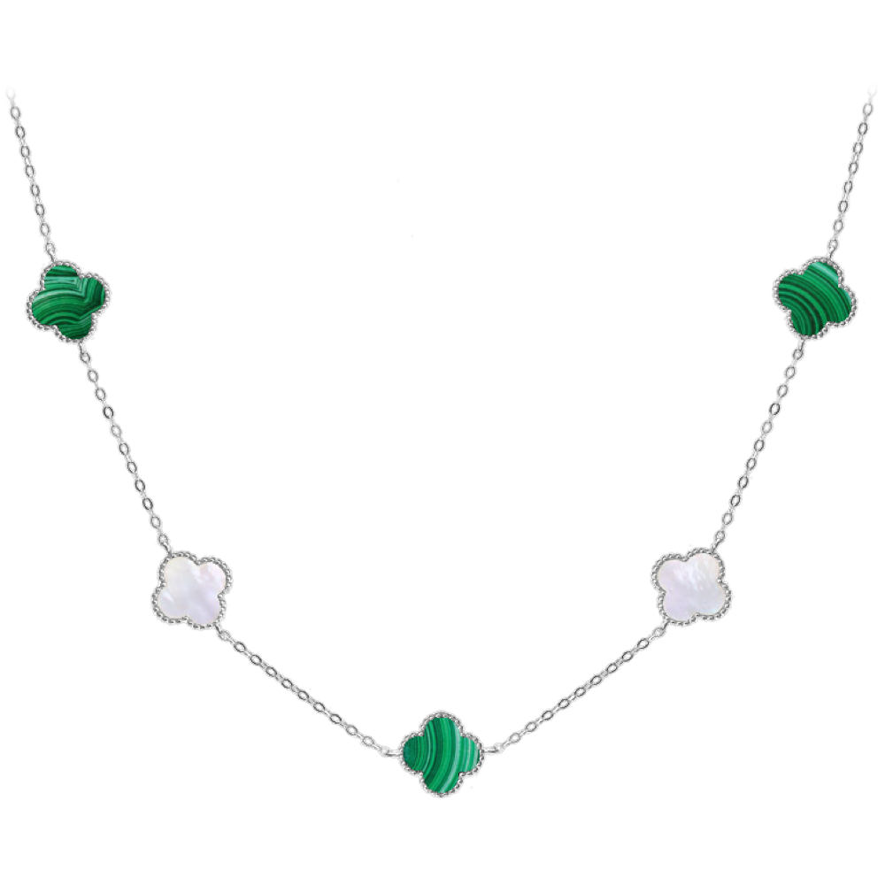 MINET Stříbrný náhrdelník ČTYŘLÍSTKY s bílou perletí a malachitem Ag 925/1000 11,95g