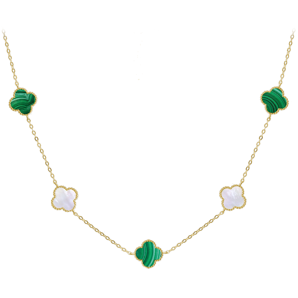 MINET Pozlacený stříbrný náhrdelník ČTYŘLÍSTKY s bílou perletí a malachitem Ag 925/1000 12,45g