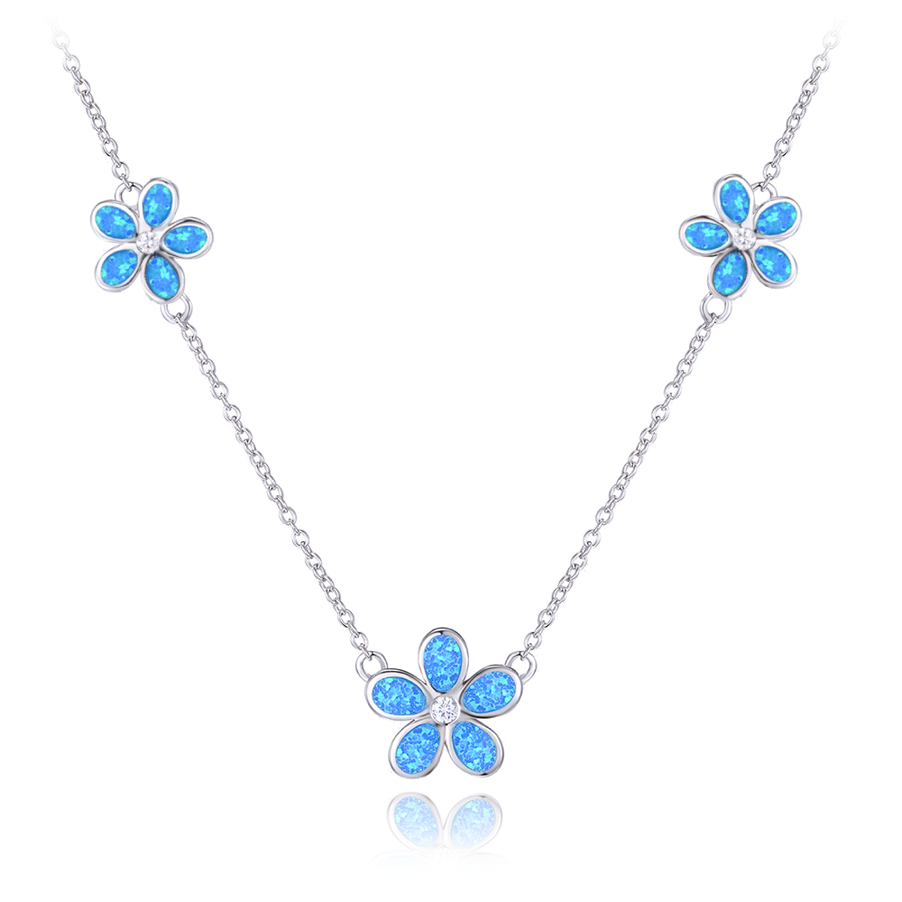 MINET Stříbrný náhrdelník KYTIČKY s modrými opálky
