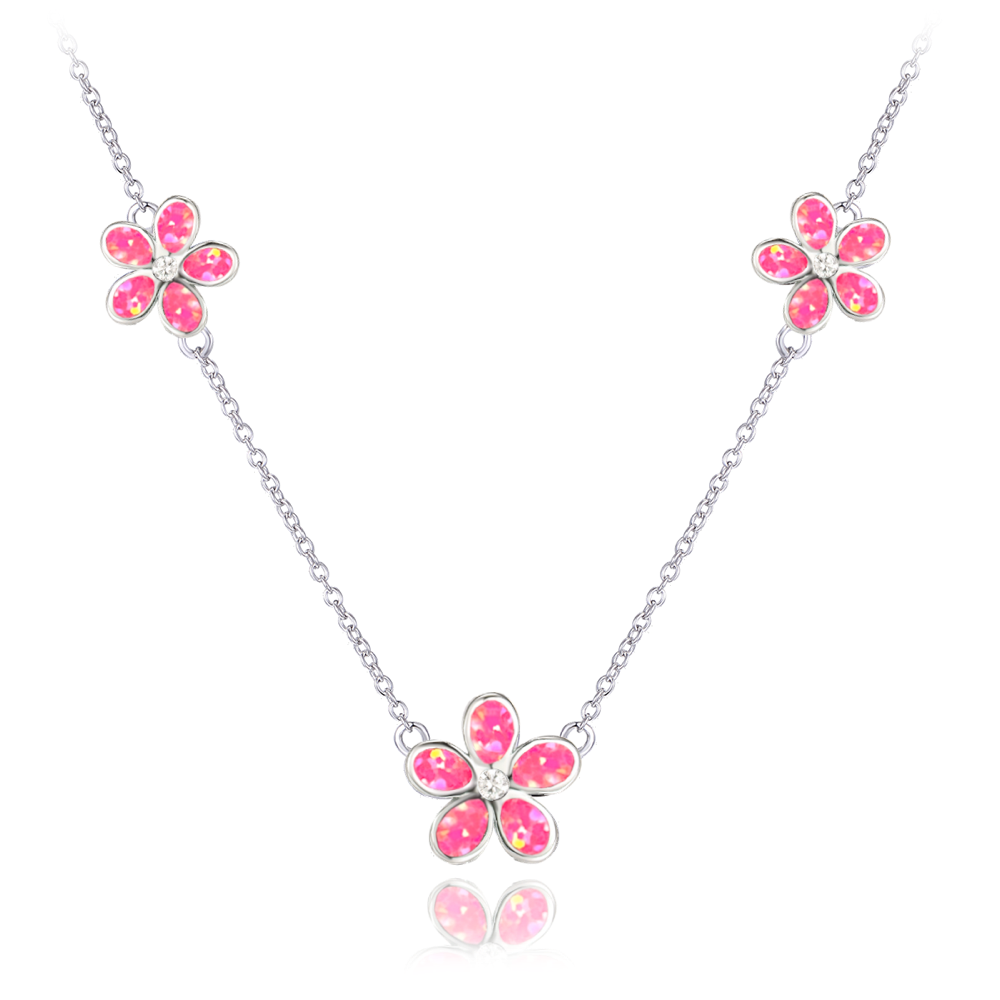 MINET Stříbrný náhrdelník KYTIČKY s růžovými opálky