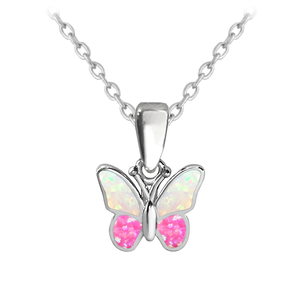 MINET Třpytivý stříbrný náhrdelník MOTÝLEK s růžovým opálem