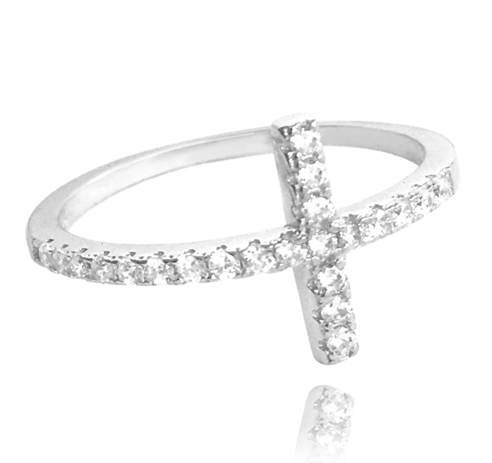 MINET Stříbrný prsten KŘÍŽEK s bílými zirkony Velikost prstenu: 56
