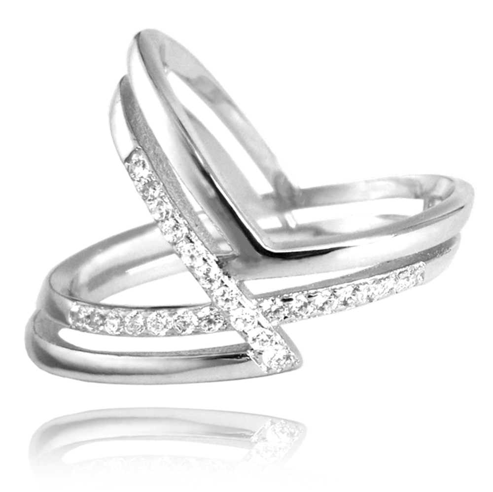 MINET Asymetrický stříbrný prsten s bílými zirkony Velikost prstenu: 52