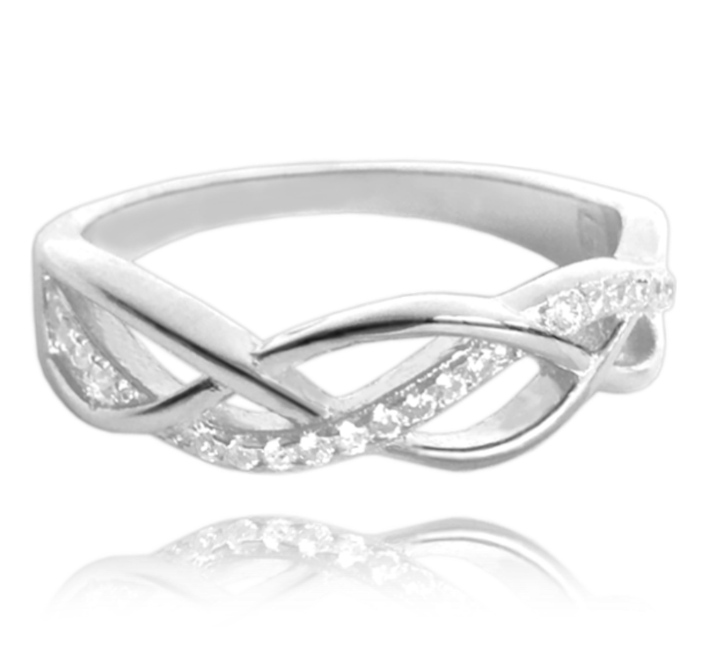 MINET Stříbrný propletený prsten s bílými zirkony Velikost prstenu: 53