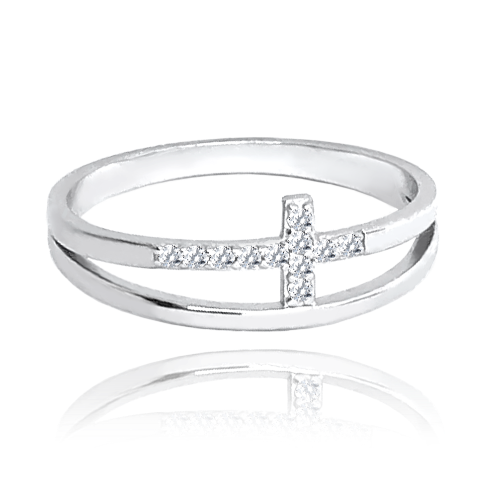MINET Dvojitý stříbrný prsten KŘÍŽEK s bílými zirkony Velikost prstenu: 54