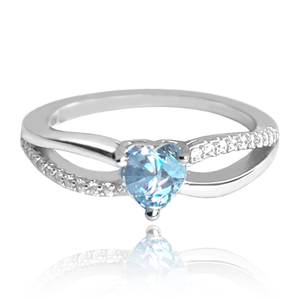 MINET Stříbrný prsten LOVE s modrým srdíčkovým zirkonem Velikost prstenu: 58