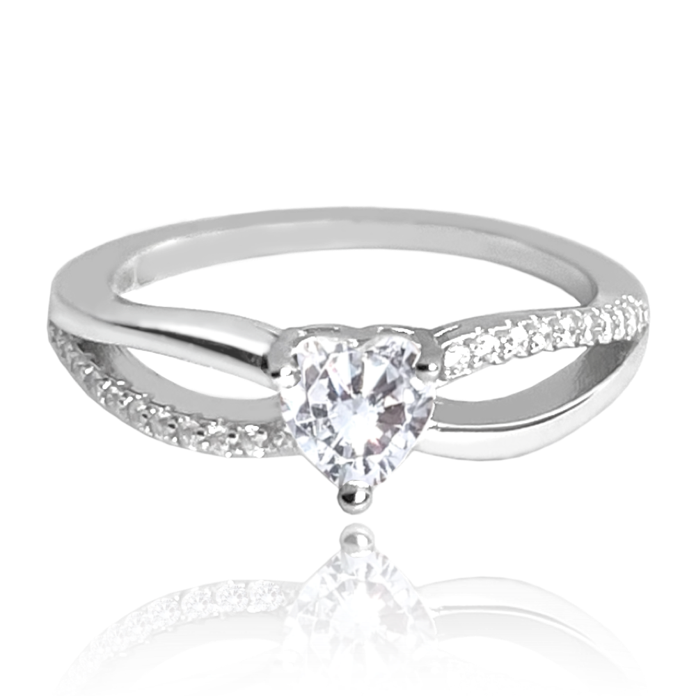 MINET Stříbrný prsten LOVE s bilým srdíčkovým zirkonem Velikost prstenu: 56