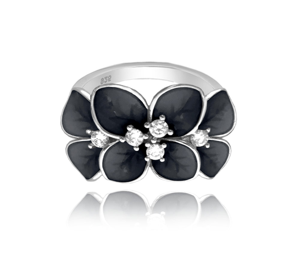 MINET Černý rozkvetlý stříbrný prsten FLOWERS s bílými zirkony Velikost prstenu: 59